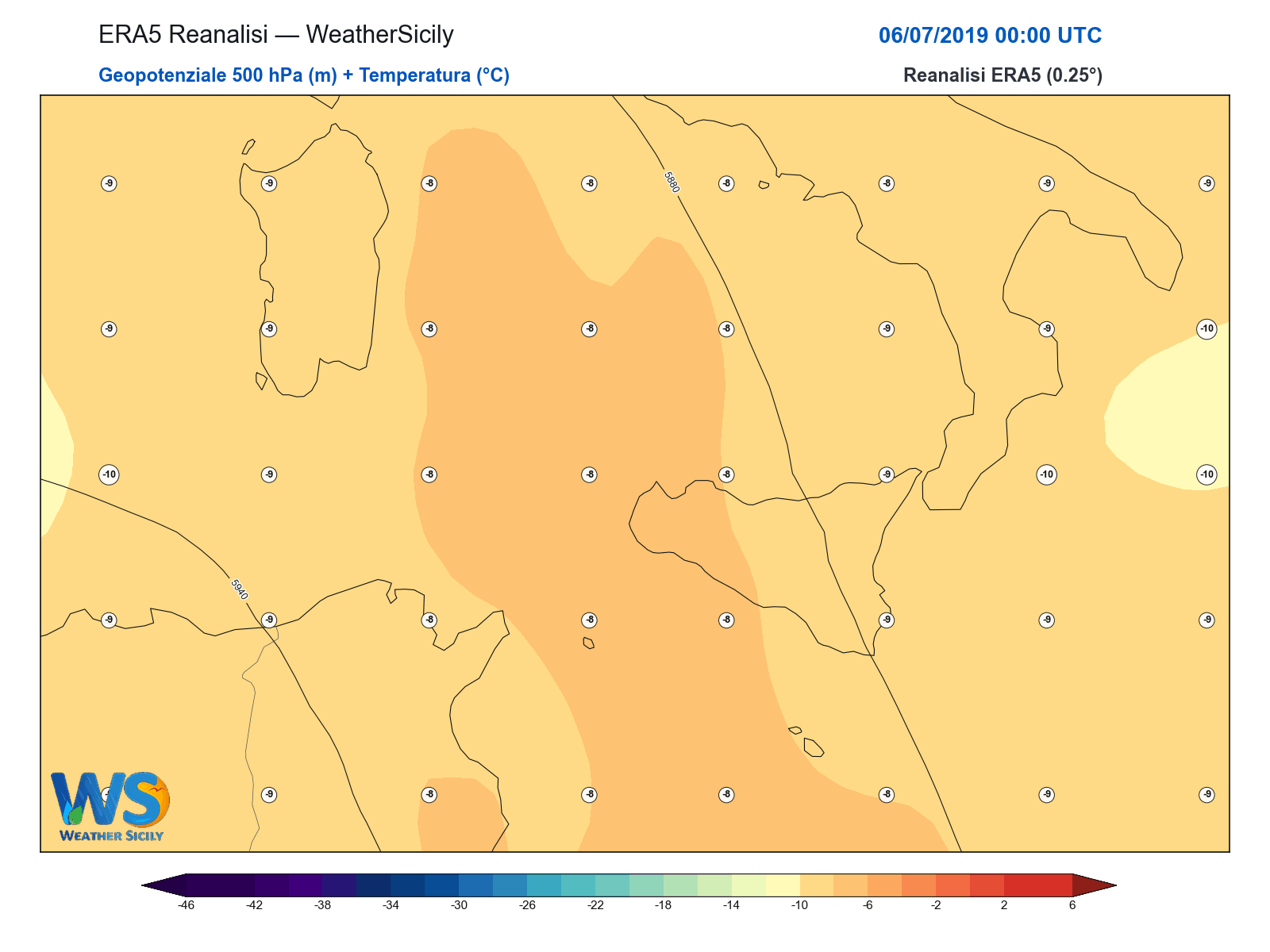 Geopotenziale 500 hPa + Temperatura · 2019070600