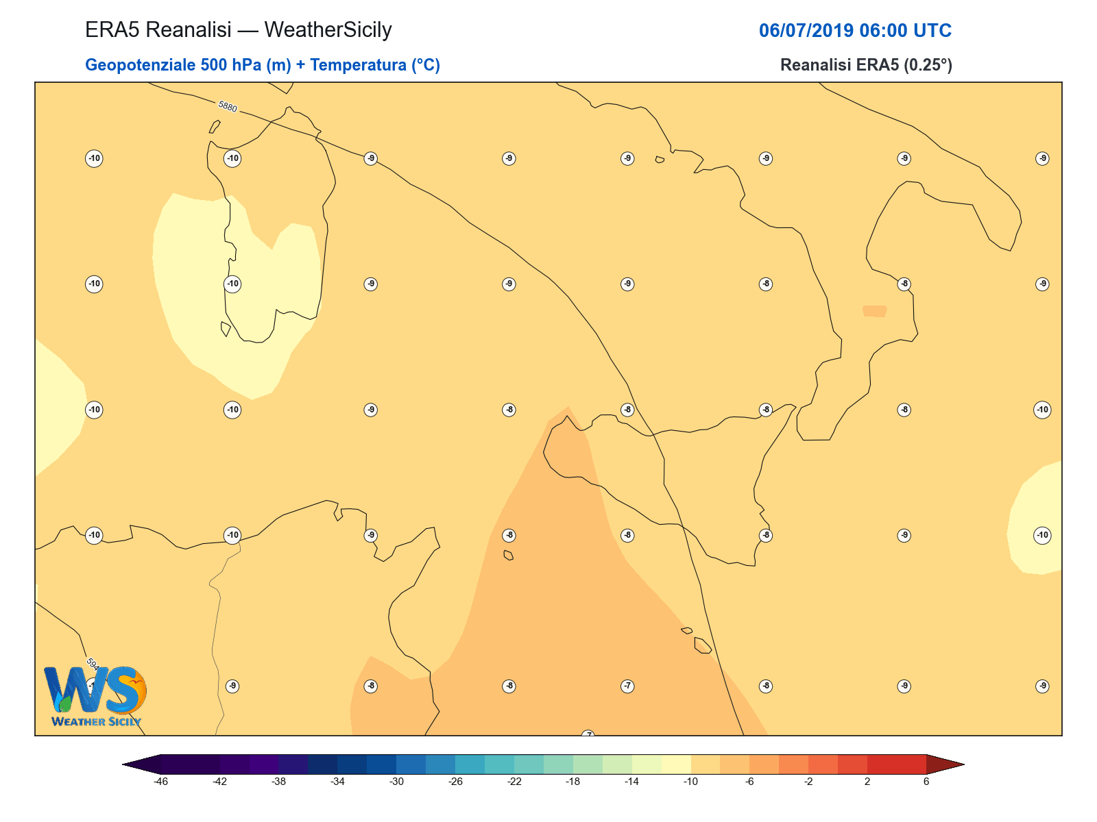 Geopotenziale 500 hPa + Temperatura · 2019070606