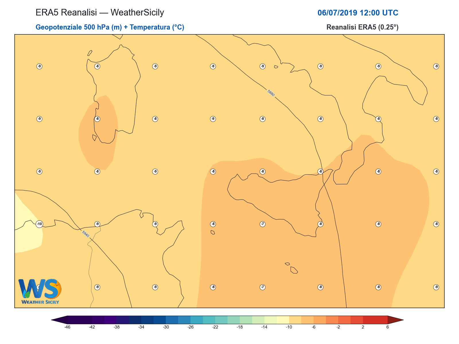 Geopotenziale 500 hPa + Temperatura · 2019070612