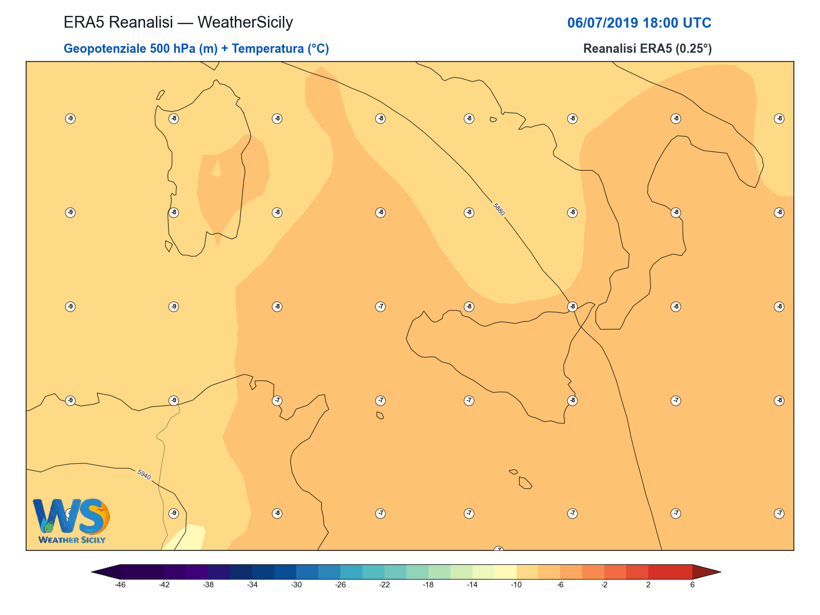 Geopotenziale 500 hPa + Temperatura · 2019070618