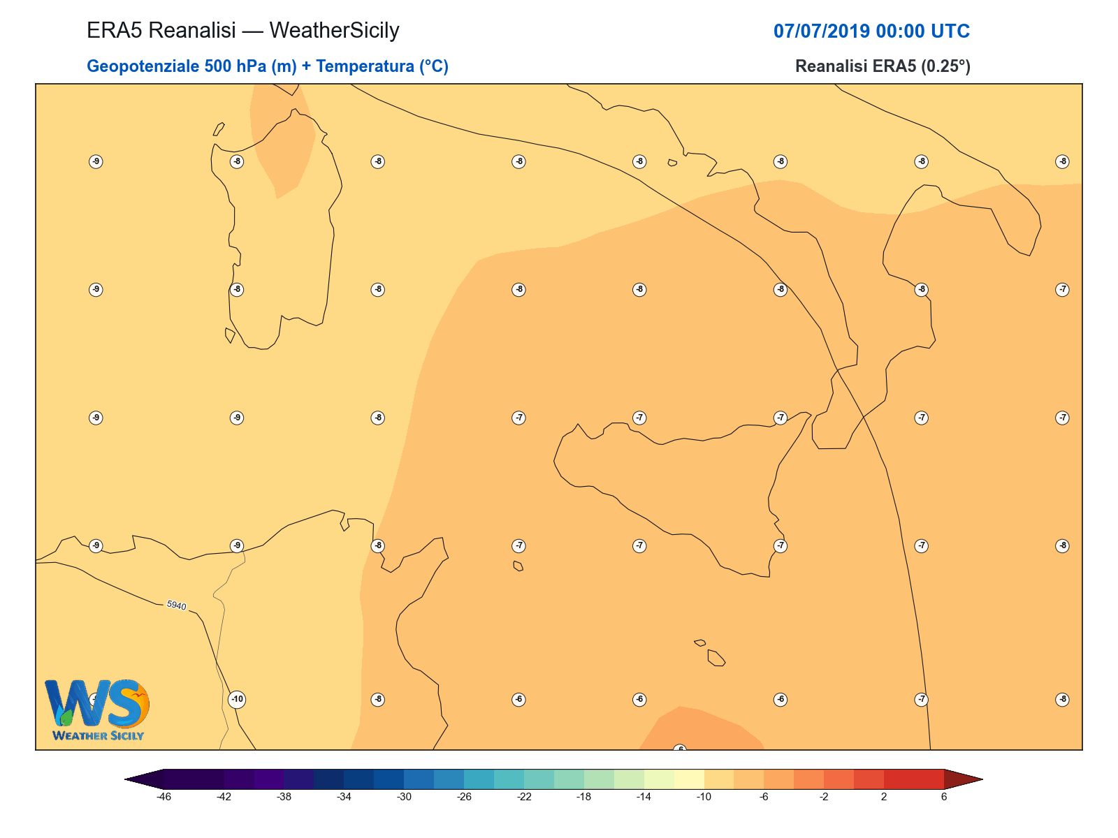 Geopotenziale 500 hPa + Temperatura · 2019070700