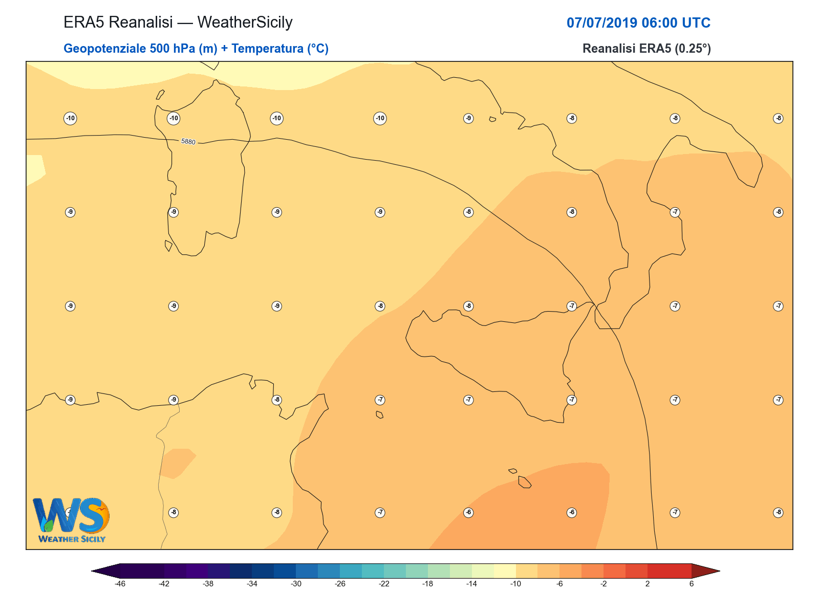 Geopotenziale 500 hPa + Temperatura · 2019070706