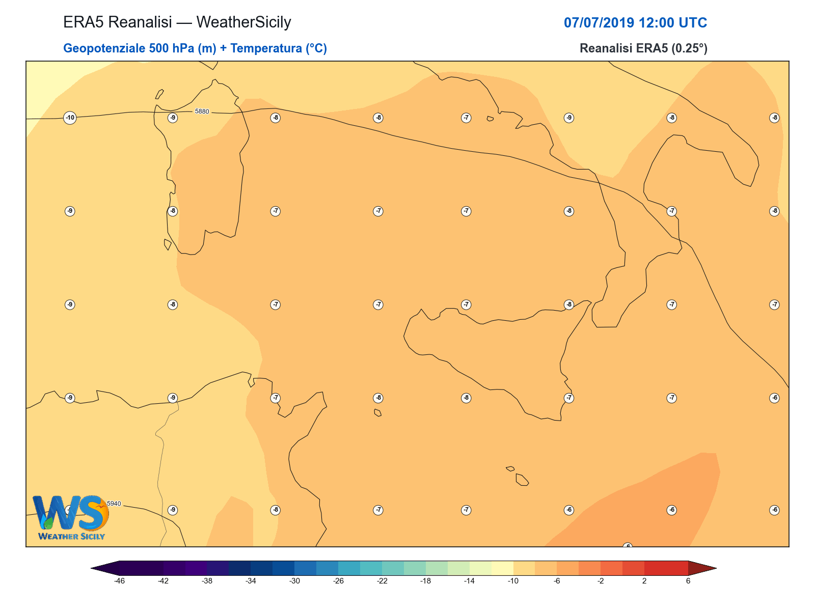 Geopotenziale 500 hPa + Temperatura · 2019070712