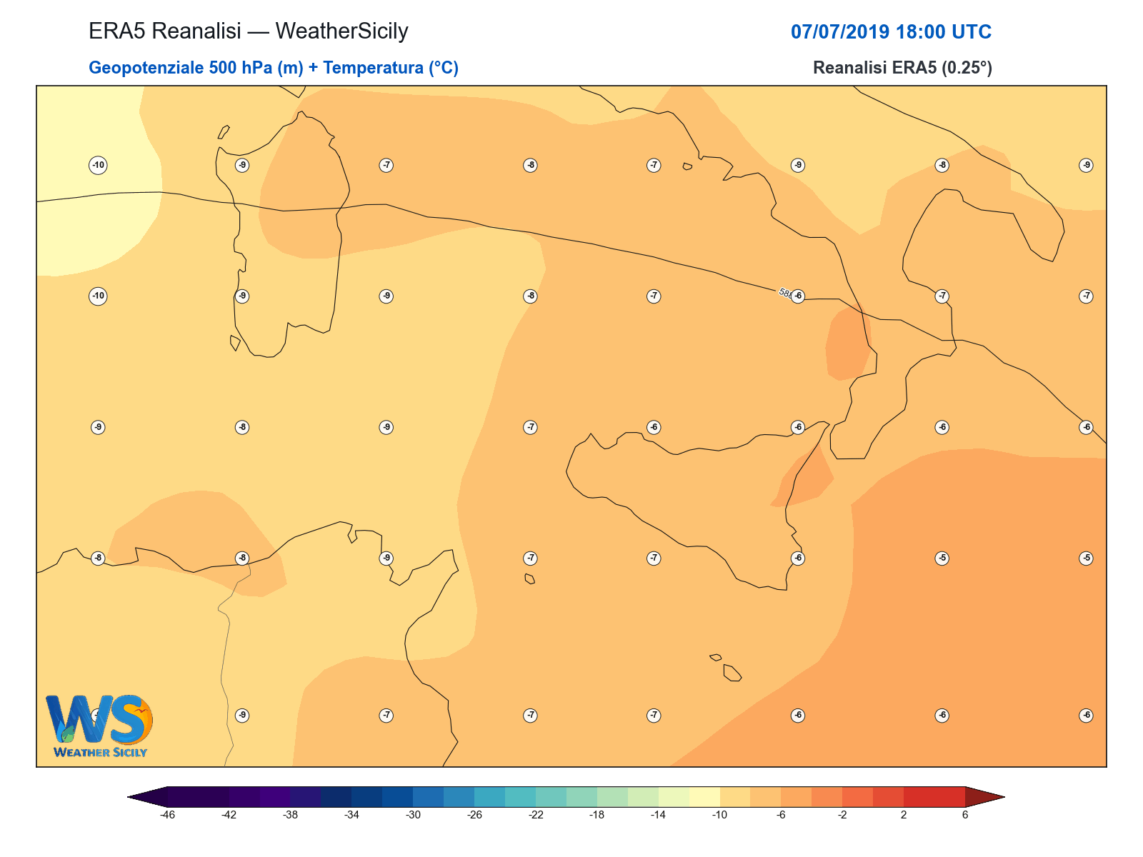 Geopotenziale 500 hPa + Temperatura · 2019070718
