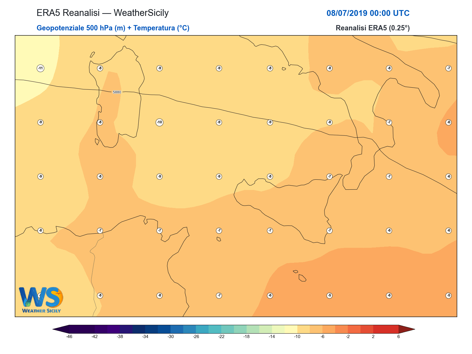 Geopotenziale 500 hPa + Temperatura · 2019070800