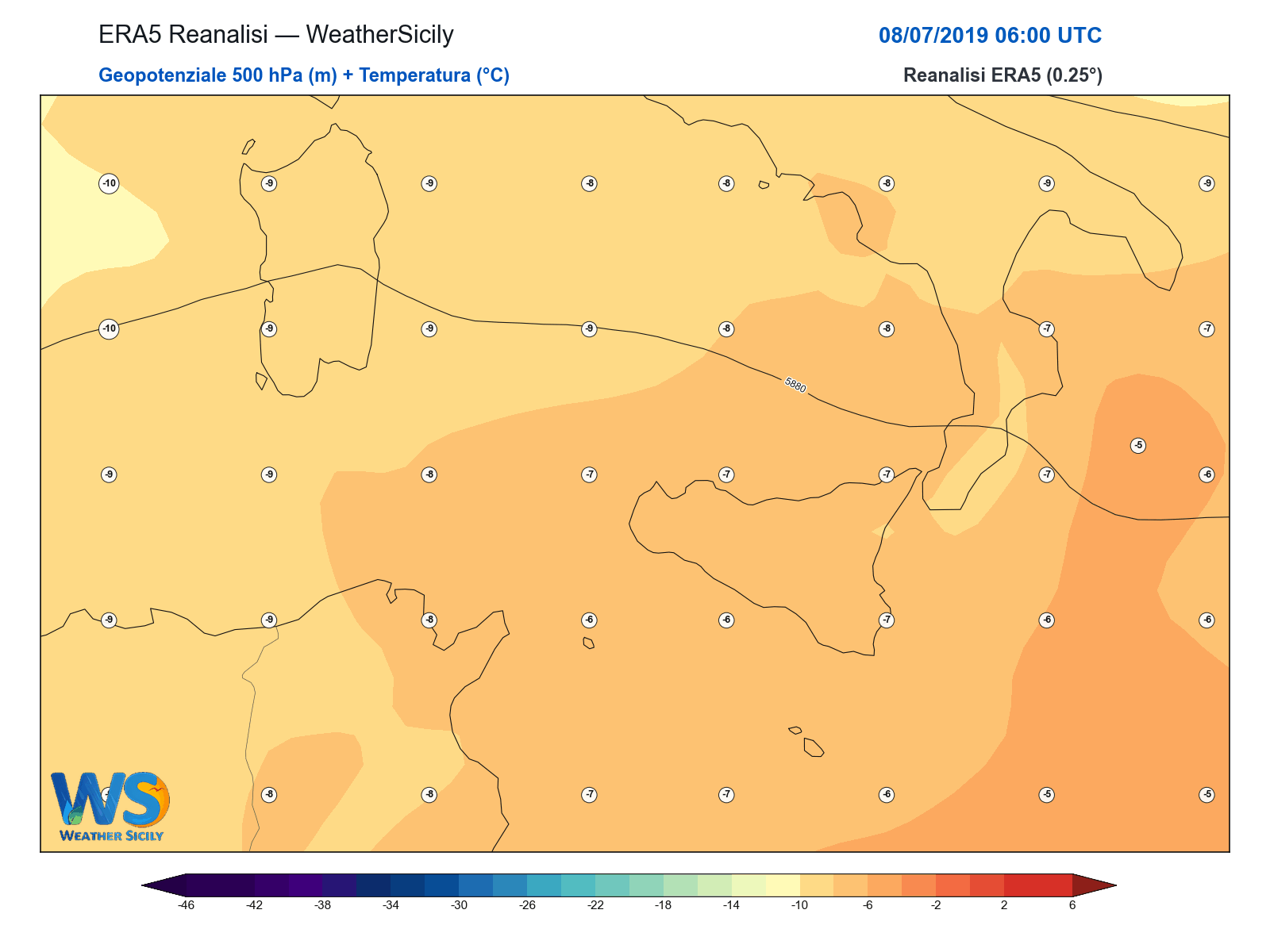 Geopotenziale 500 hPa + Temperatura · 2019070806
