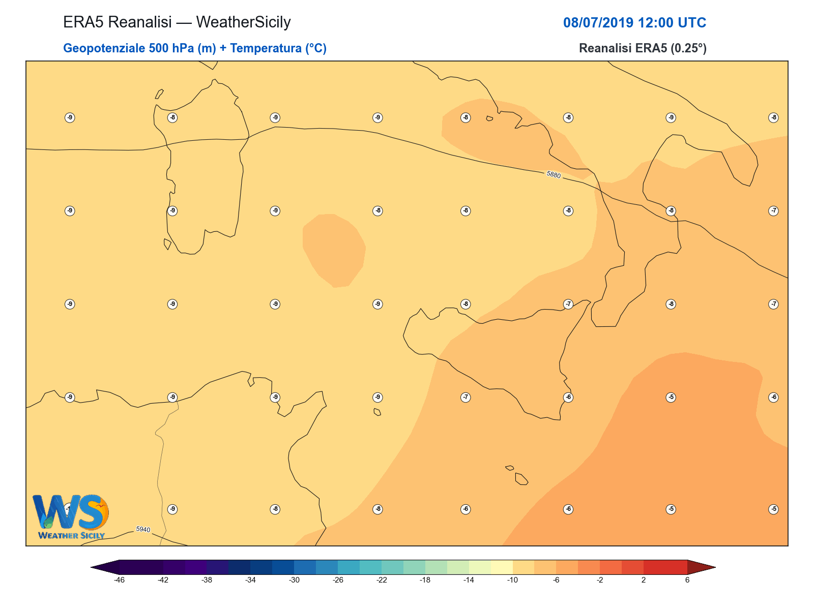 Geopotenziale 500 hPa + Temperatura · 2019070812