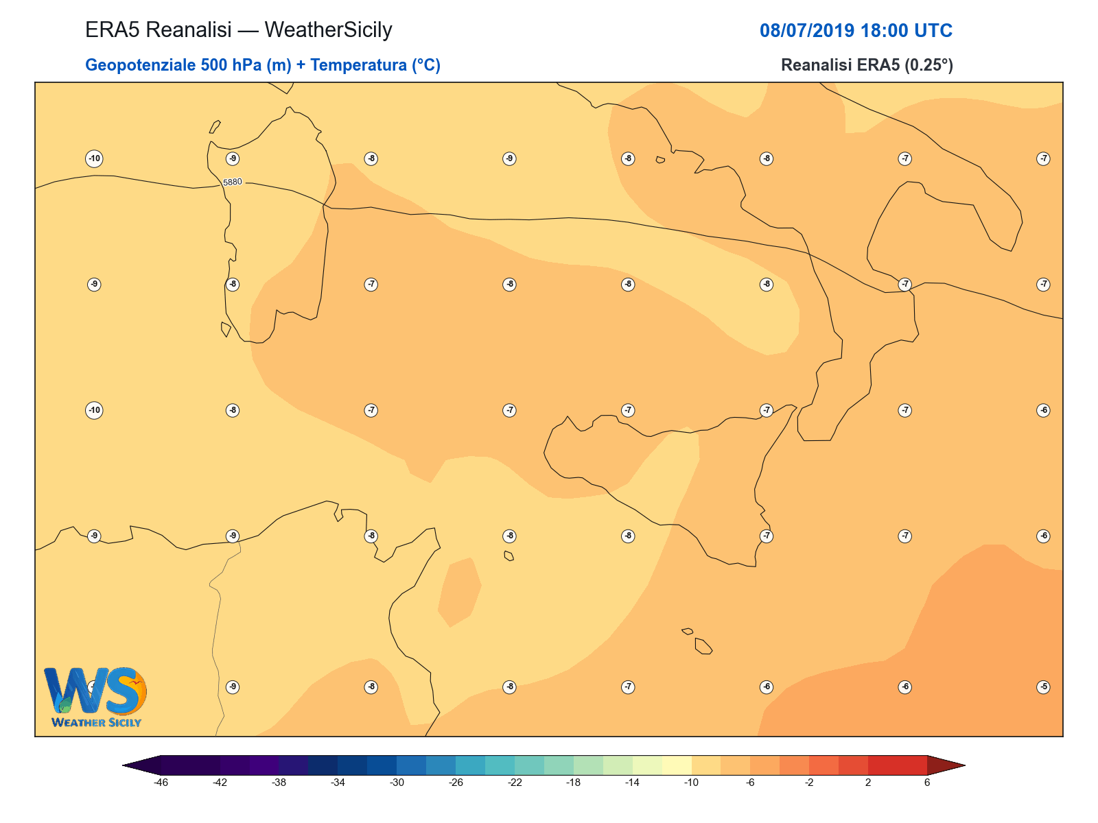 Geopotenziale 500 hPa + Temperatura · 2019070818