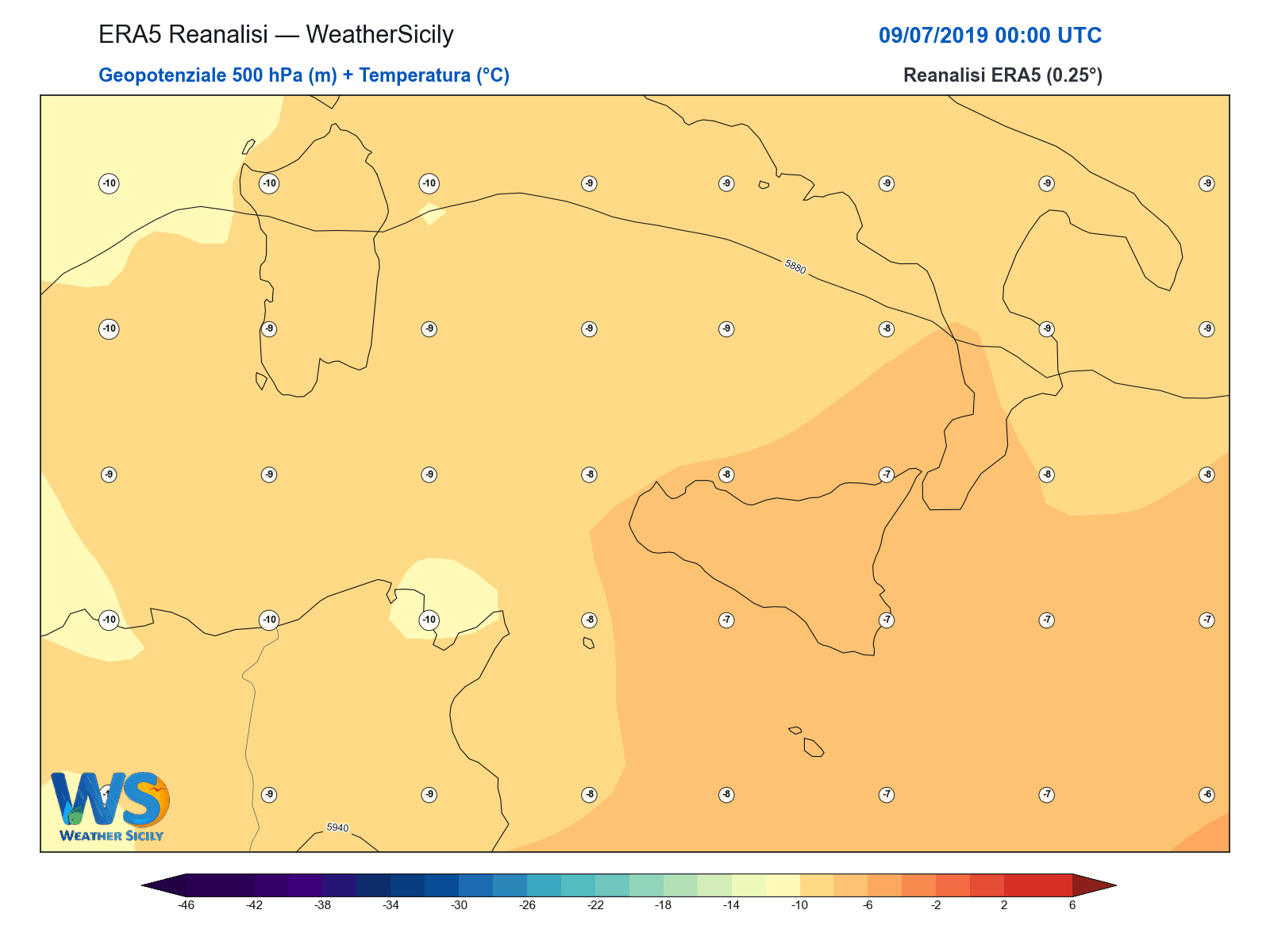Geopotenziale 500 hPa + Temperatura · 2019070900