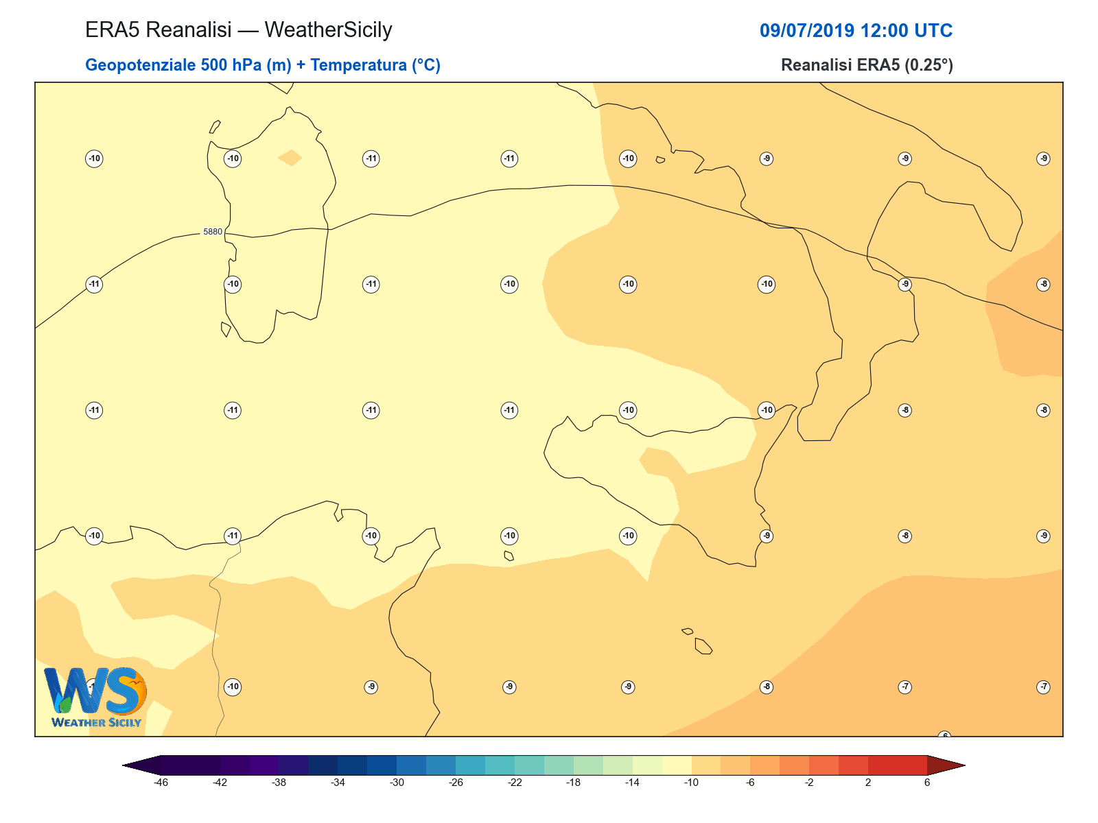 Geopotenziale 500 hPa + Temperatura · 2019070912