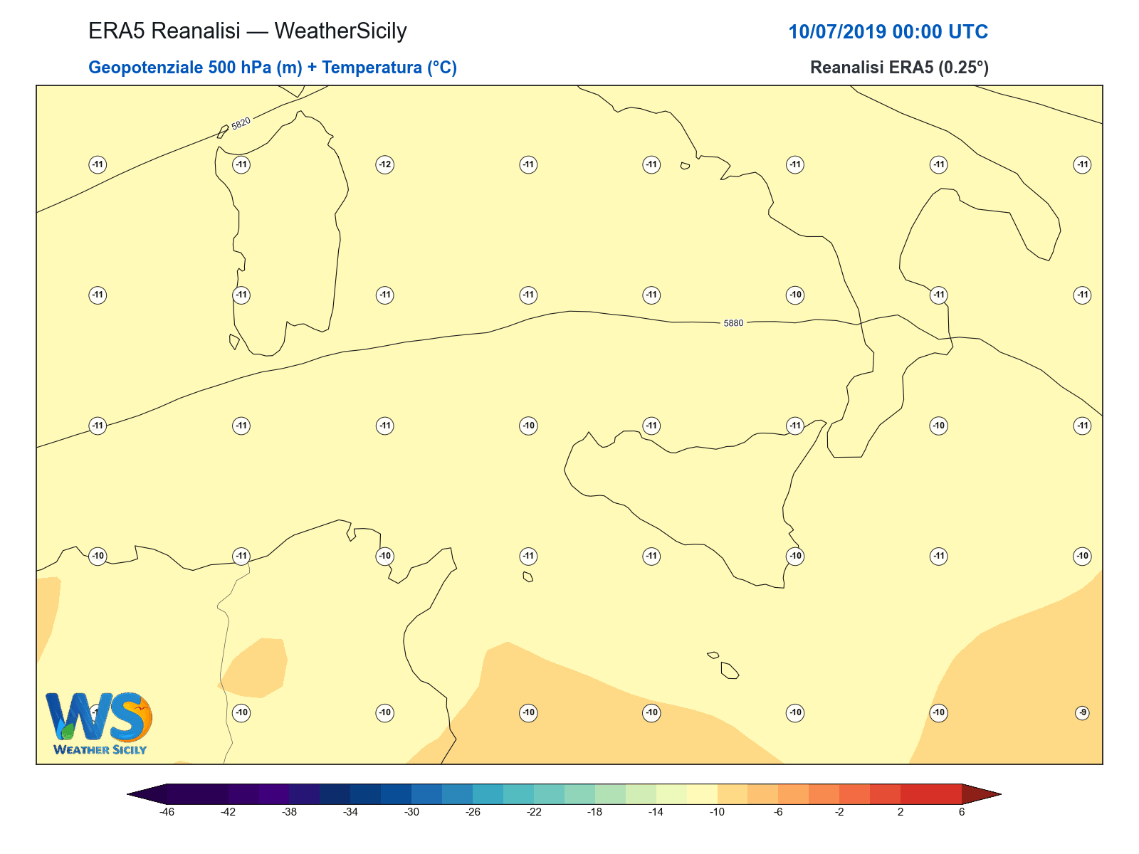 Geopotenziale 500 hPa + Temperatura · 2019071000