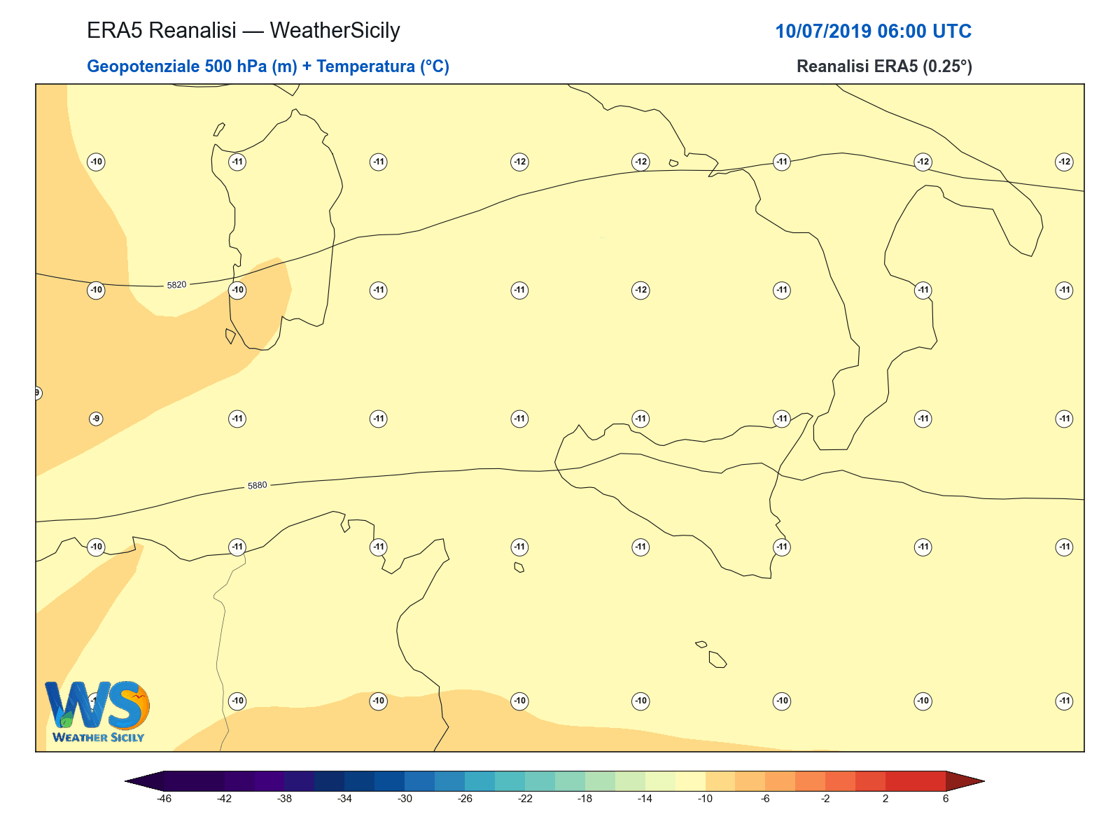 Geopotenziale 500 hPa + Temperatura · 2019071006