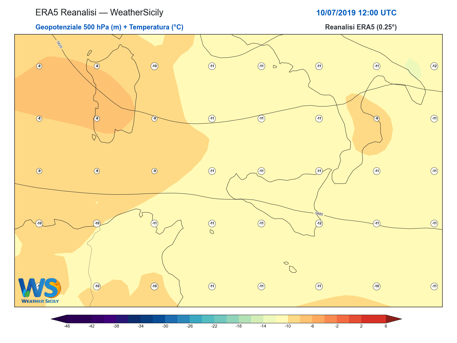 Geopotenziale 500 hPa + Temperatura · 2019071012