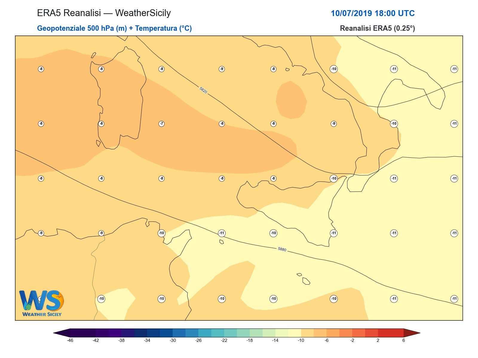 Geopotenziale 500 hPa + Temperatura · 2019071018