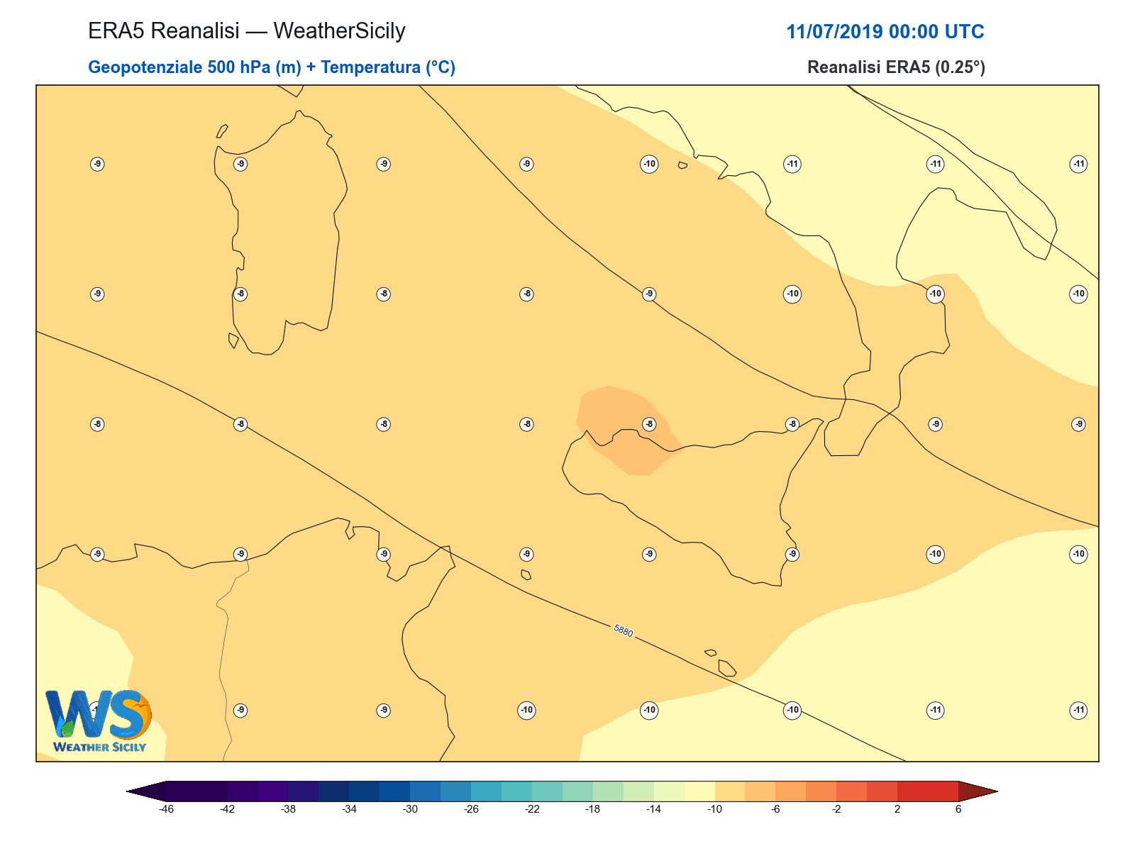 Geopotenziale 500 hPa + Temperatura · 2019071100