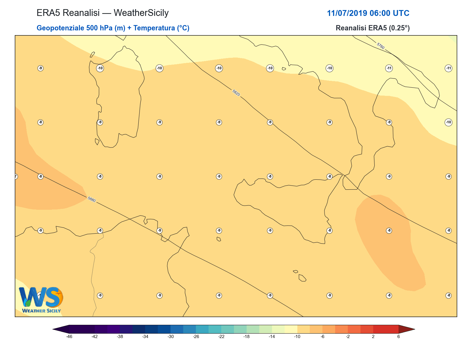 Geopotenziale 500 hPa + Temperatura · 2019071106