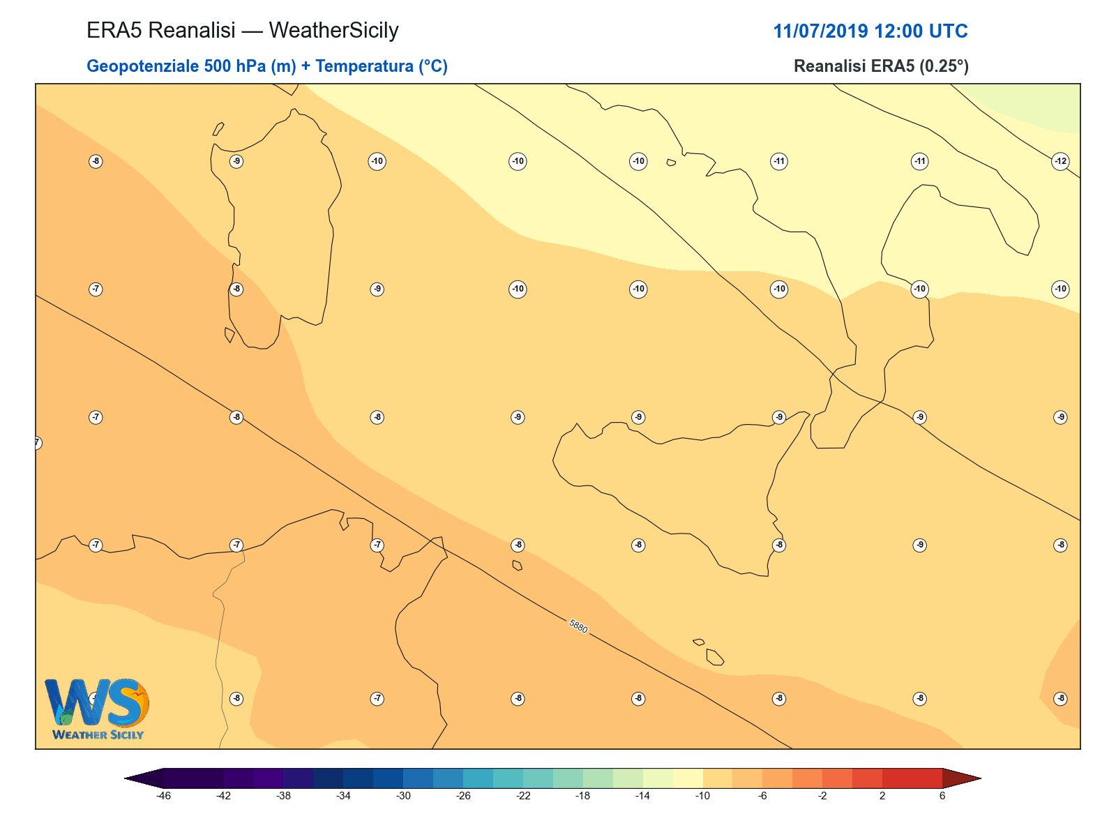 Geopotenziale 500 hPa + Temperatura · 2019071112