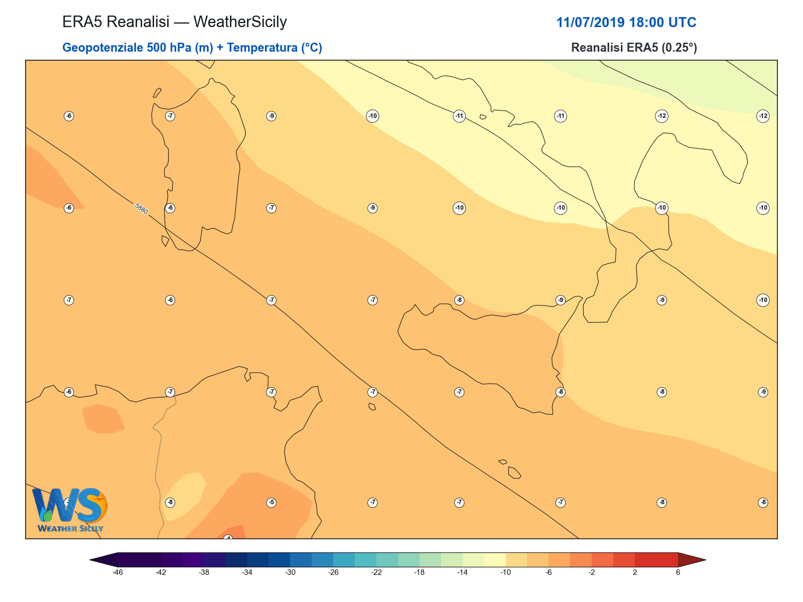 Geopotenziale 500 hPa + Temperatura · 2019071118