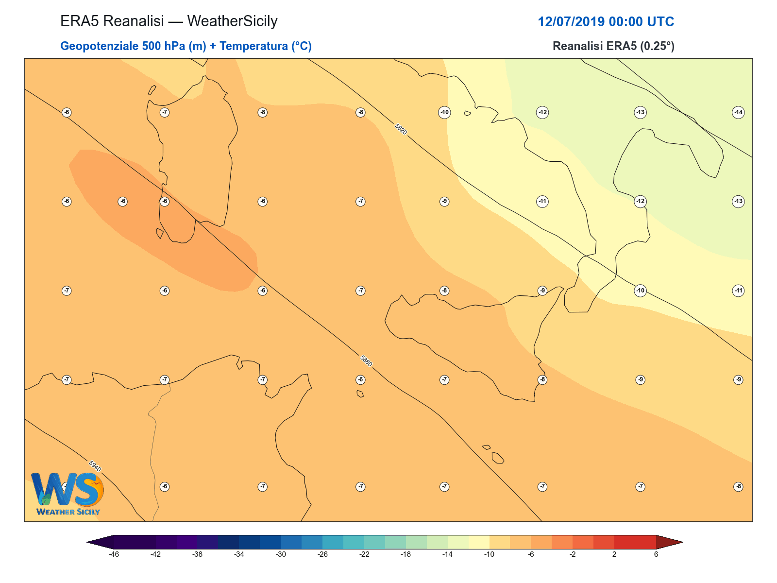 Geopotenziale 500 hPa + Temperatura · 2019071200