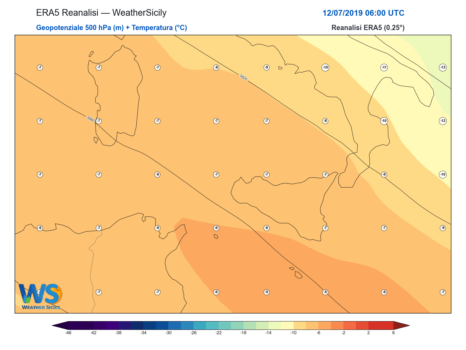 Geopotenziale 500 hPa + Temperatura · 2019071206