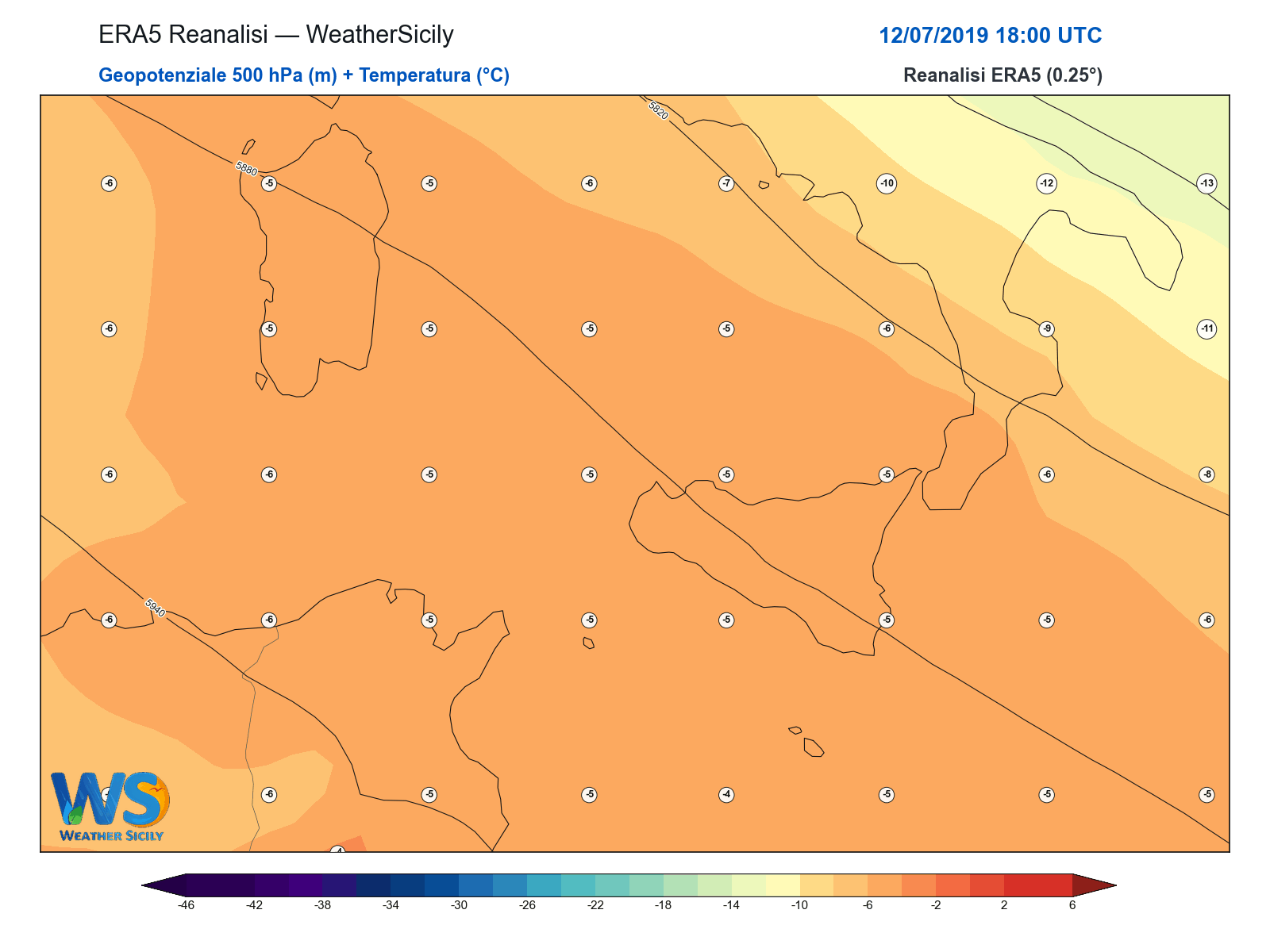Geopotenziale 500 hPa + Temperatura · 2019071218