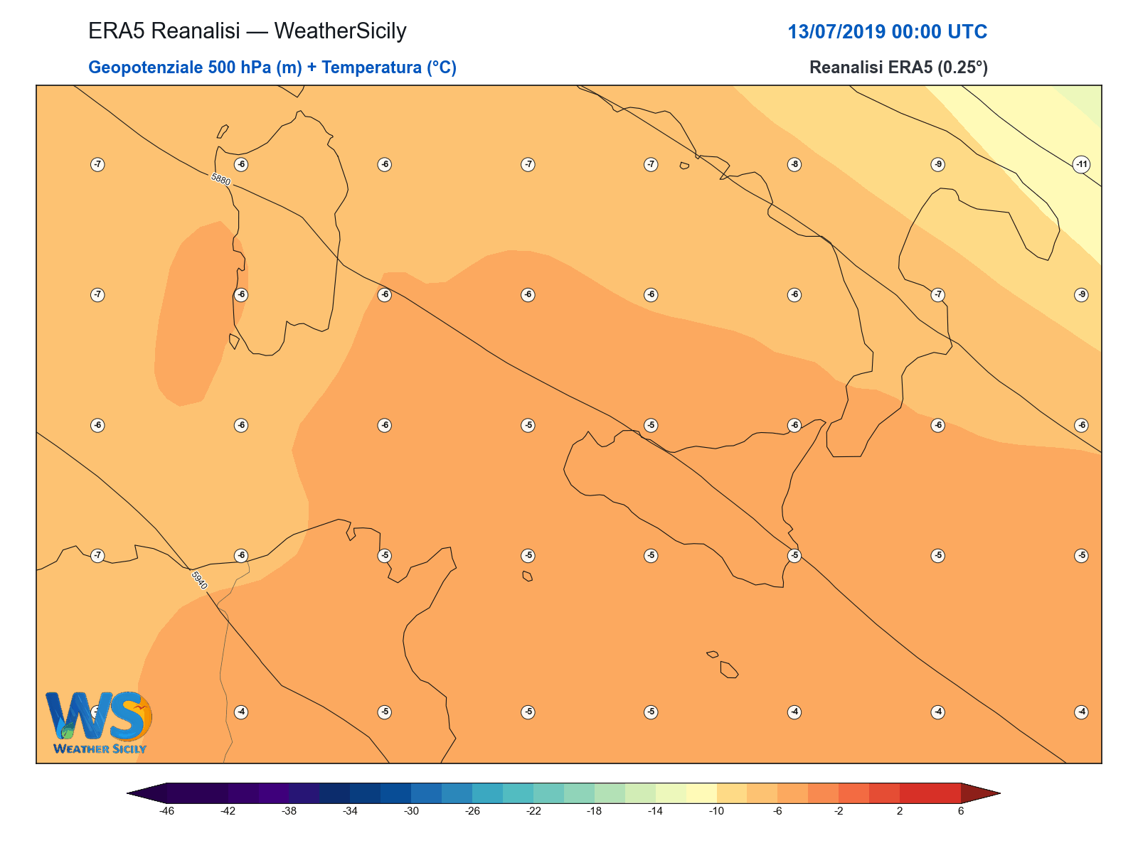 Geopotenziale 500 hPa + Temperatura · 2019071300