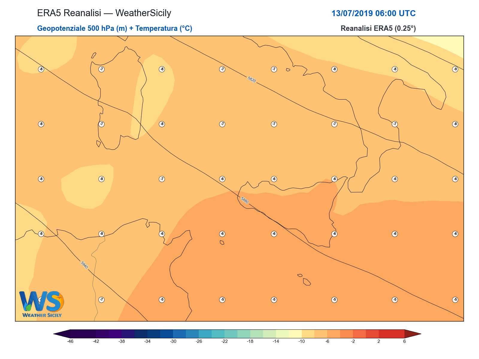 Geopotenziale 500 hPa + Temperatura · 2019071306
