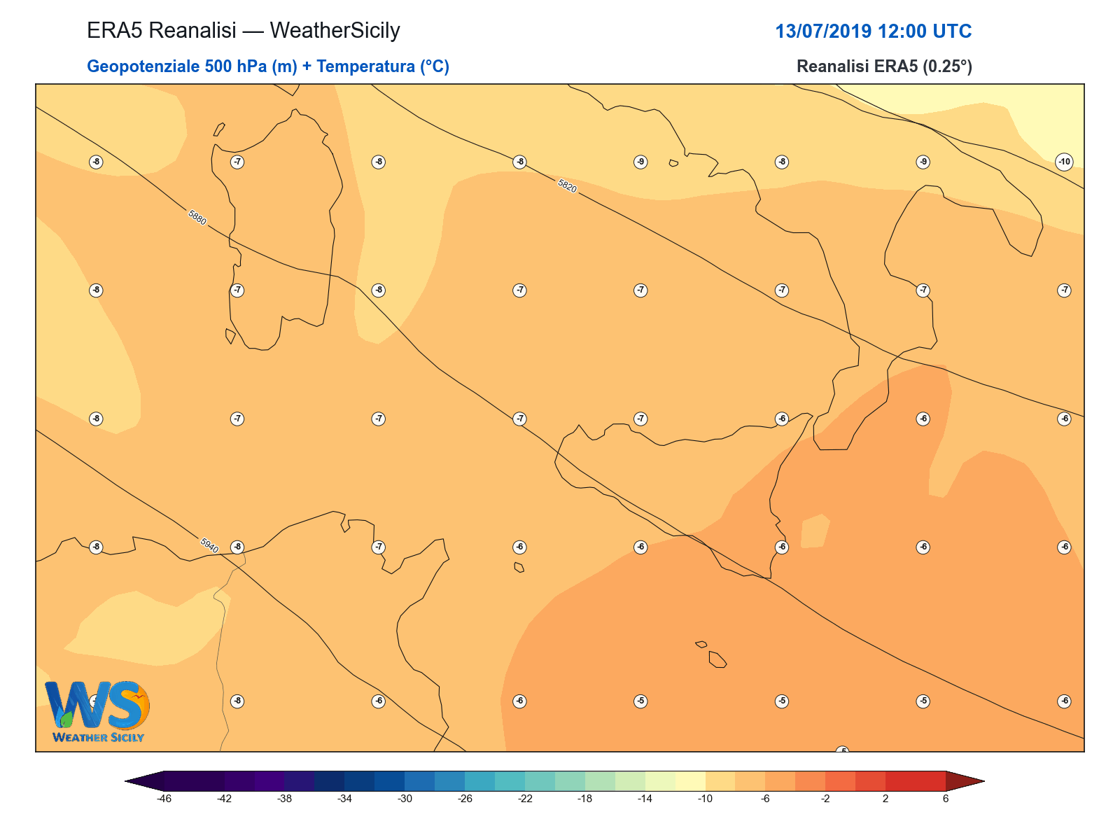 Geopotenziale 500 hPa + Temperatura · 2019071312
