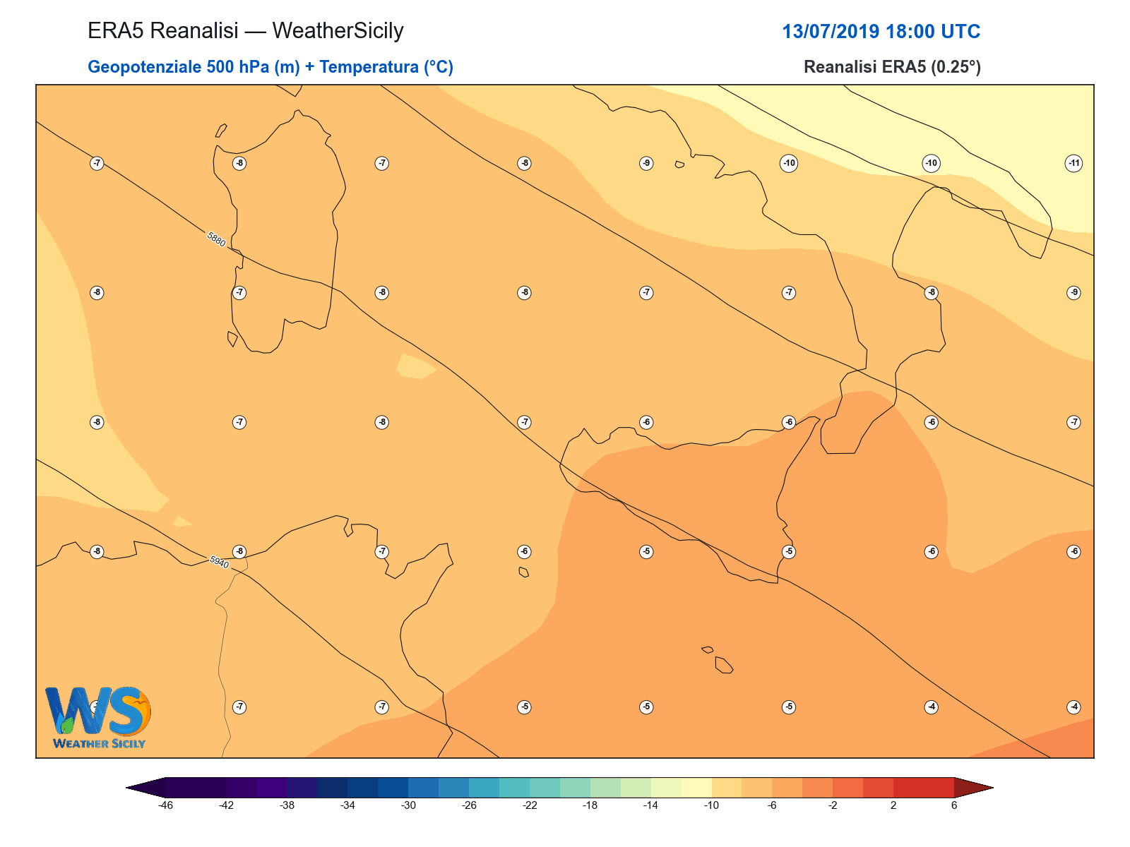 Geopotenziale 500 hPa + Temperatura · 2019071318