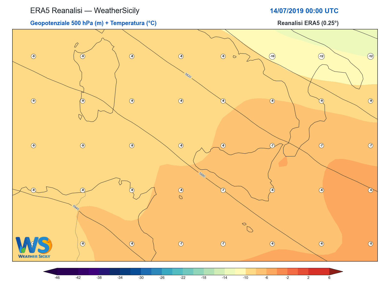 Geopotenziale 500 hPa + Temperatura · 2019071400