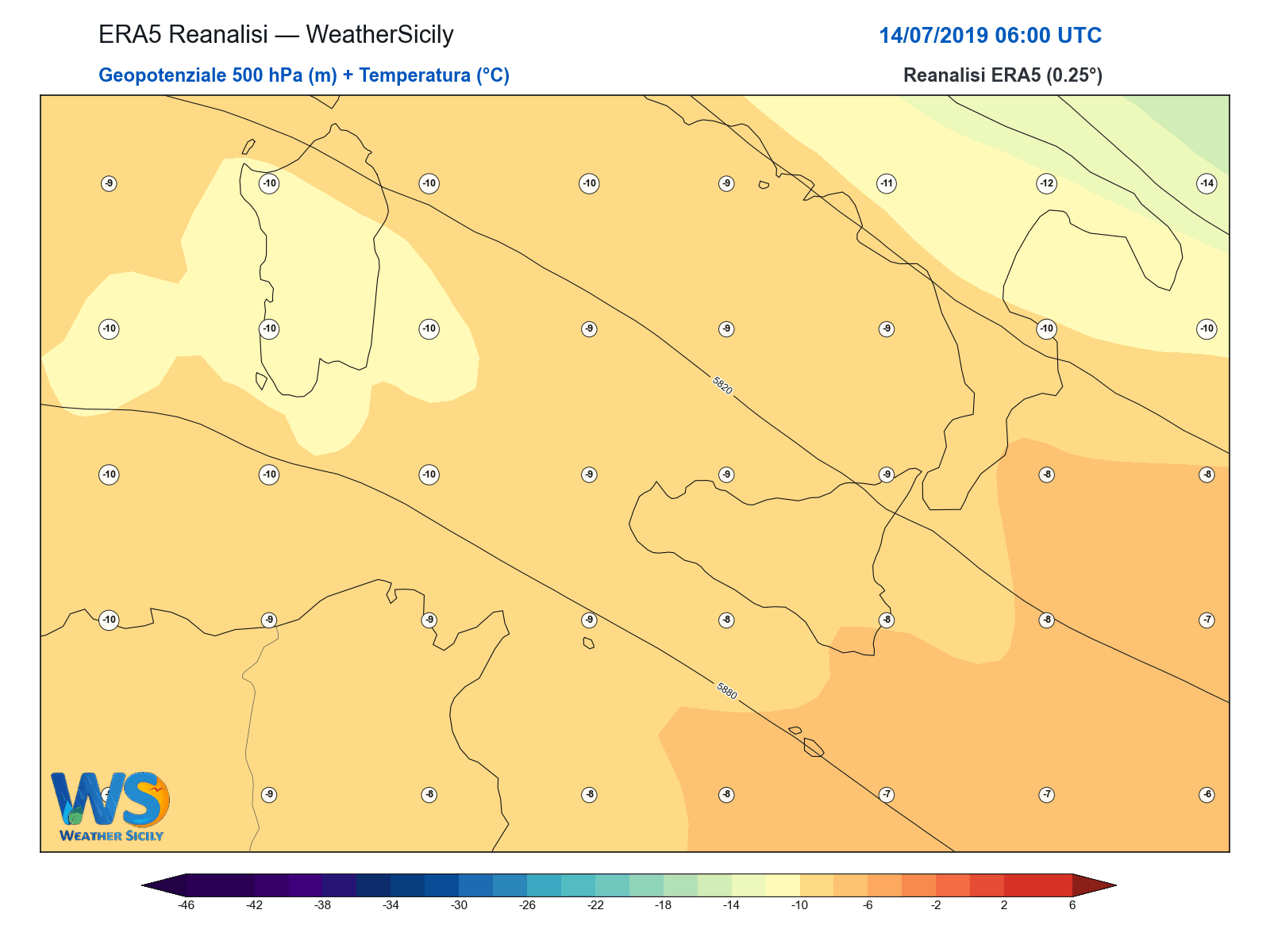 Geopotenziale 500 hPa + Temperatura · 2019071406
