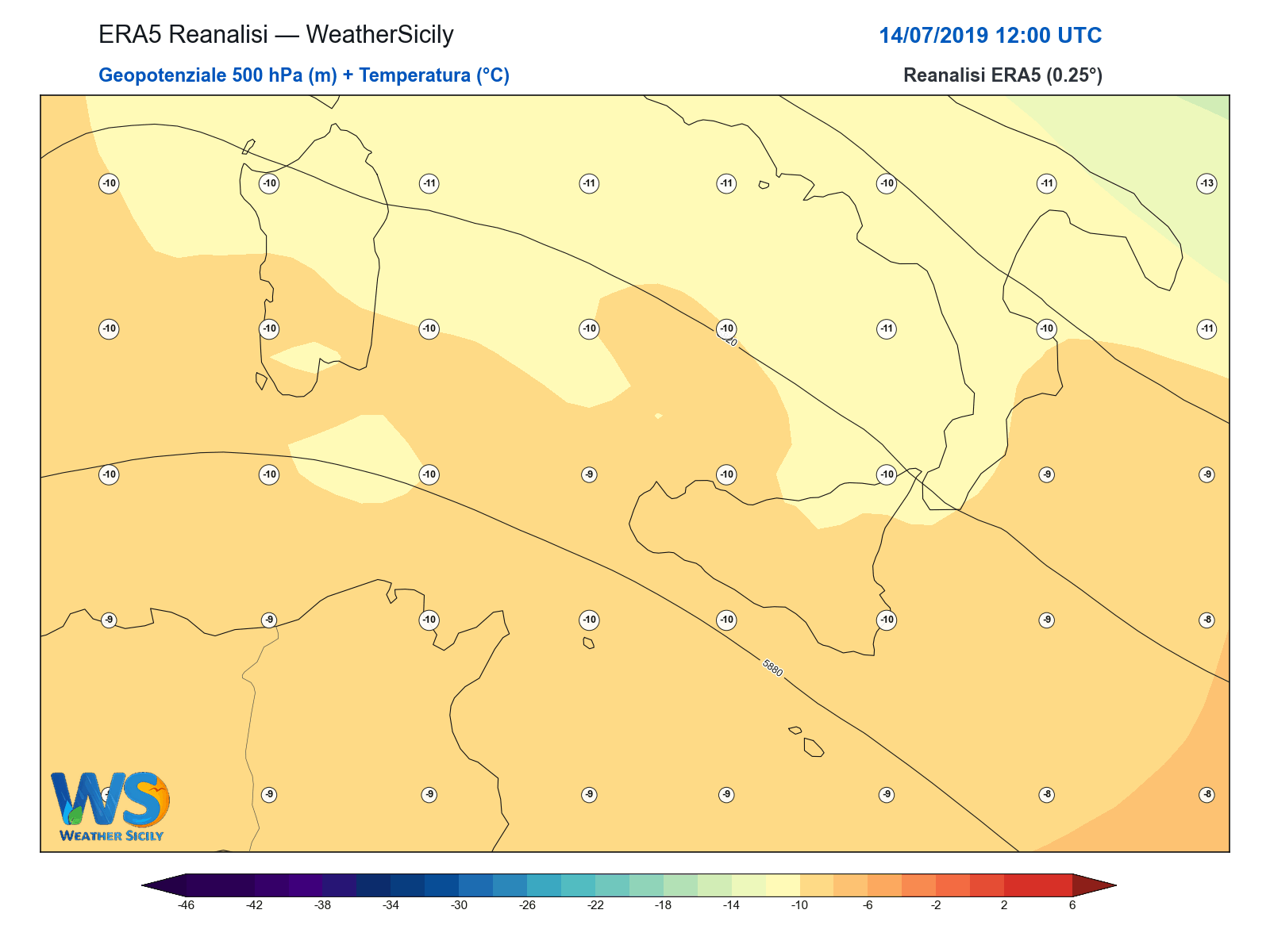 Geopotenziale 500 hPa + Temperatura · 2019071412