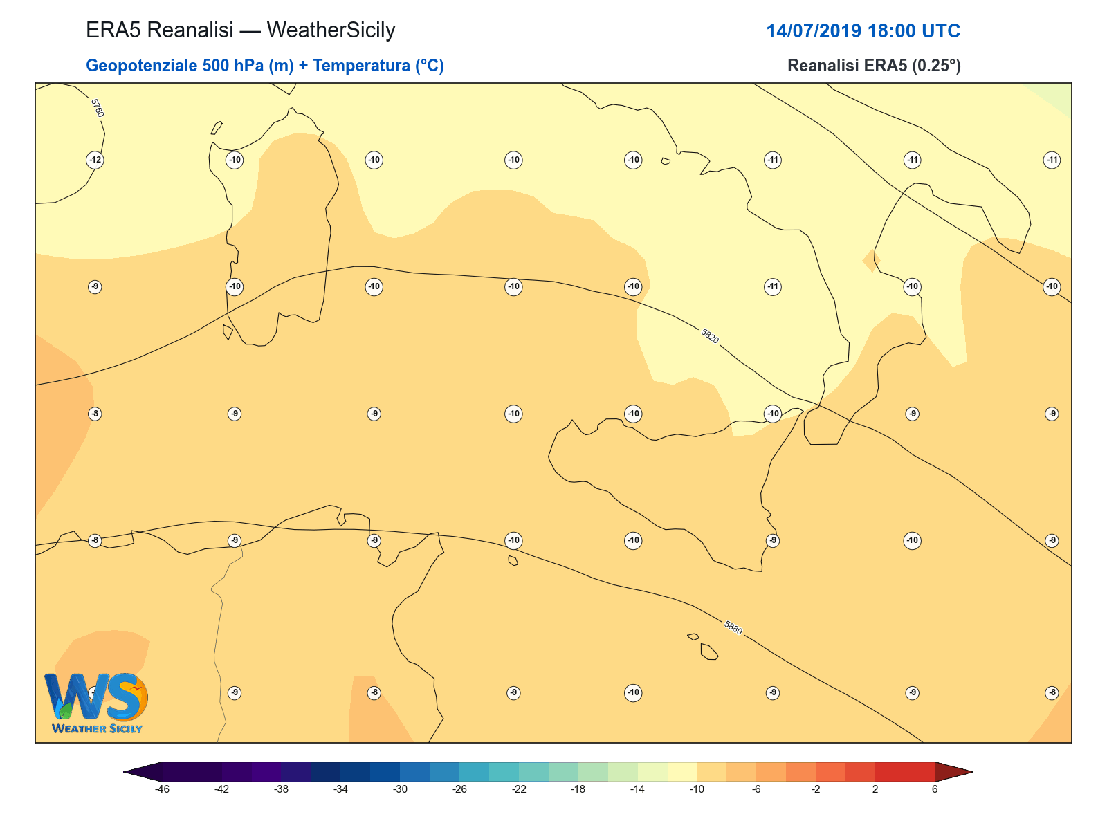Geopotenziale 500 hPa + Temperatura · 2019071418
