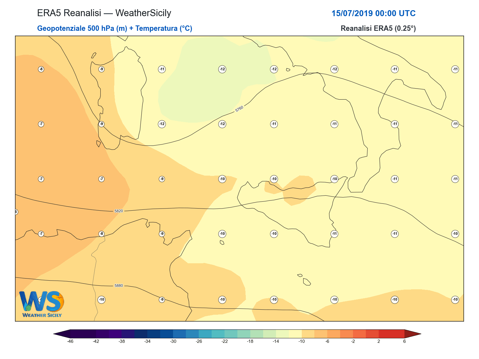 Geopotenziale 500 hPa + Temperatura · 2019071500