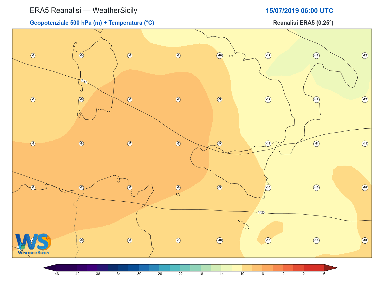 Geopotenziale 500 hPa + Temperatura · 2019071506