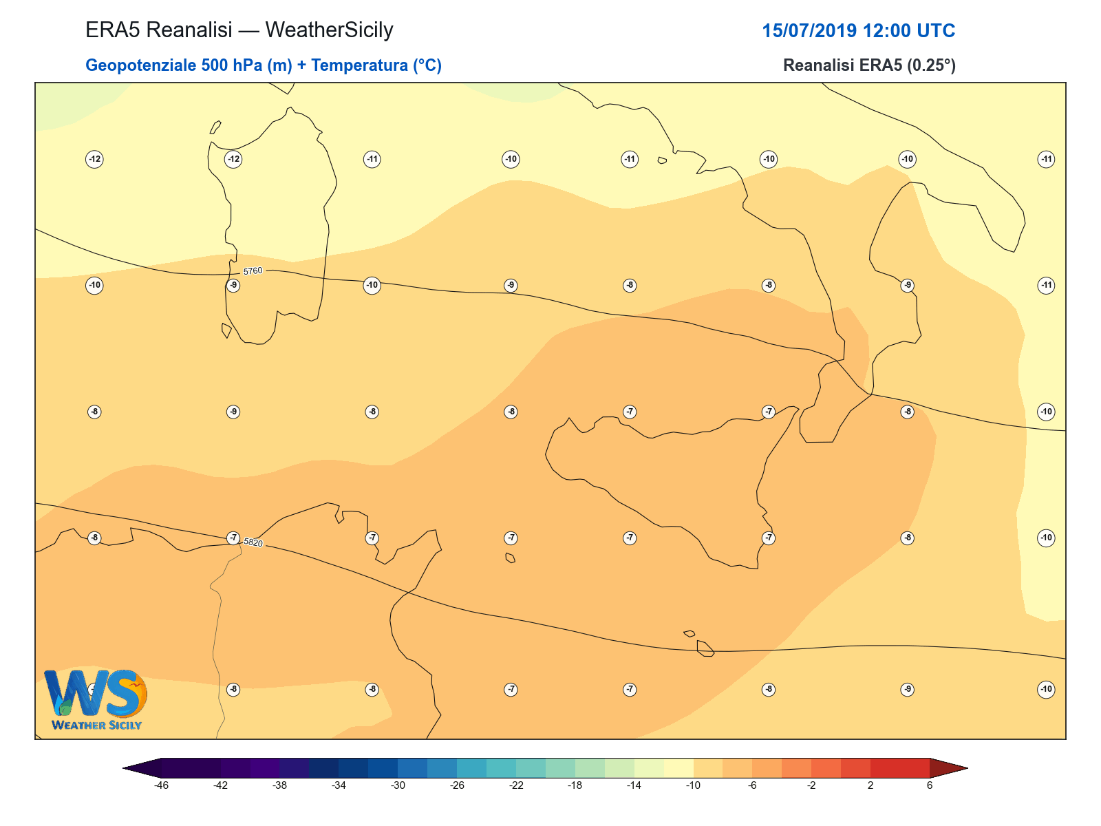 Geopotenziale 500 hPa + Temperatura · 2019071512