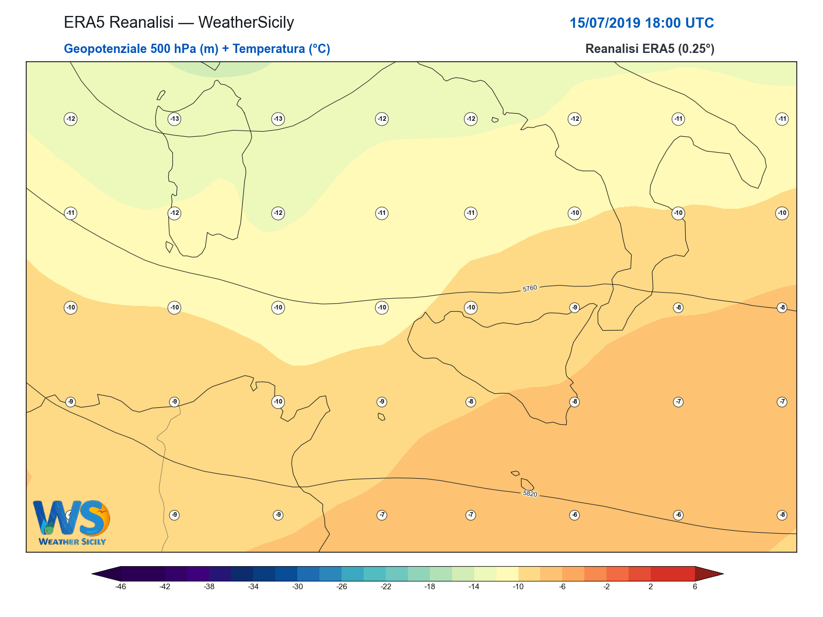 Geopotenziale 500 hPa + Temperatura · 2019071518