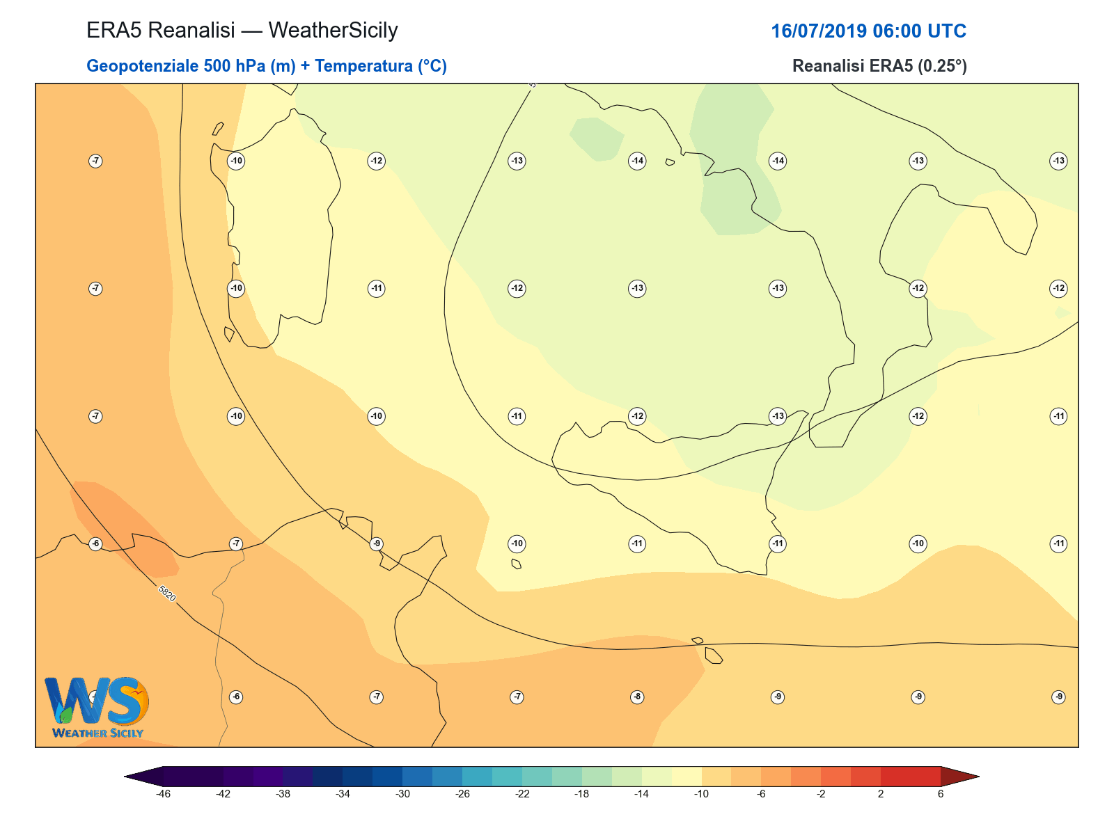 Geopotenziale 500 hPa + Temperatura · 2019071606