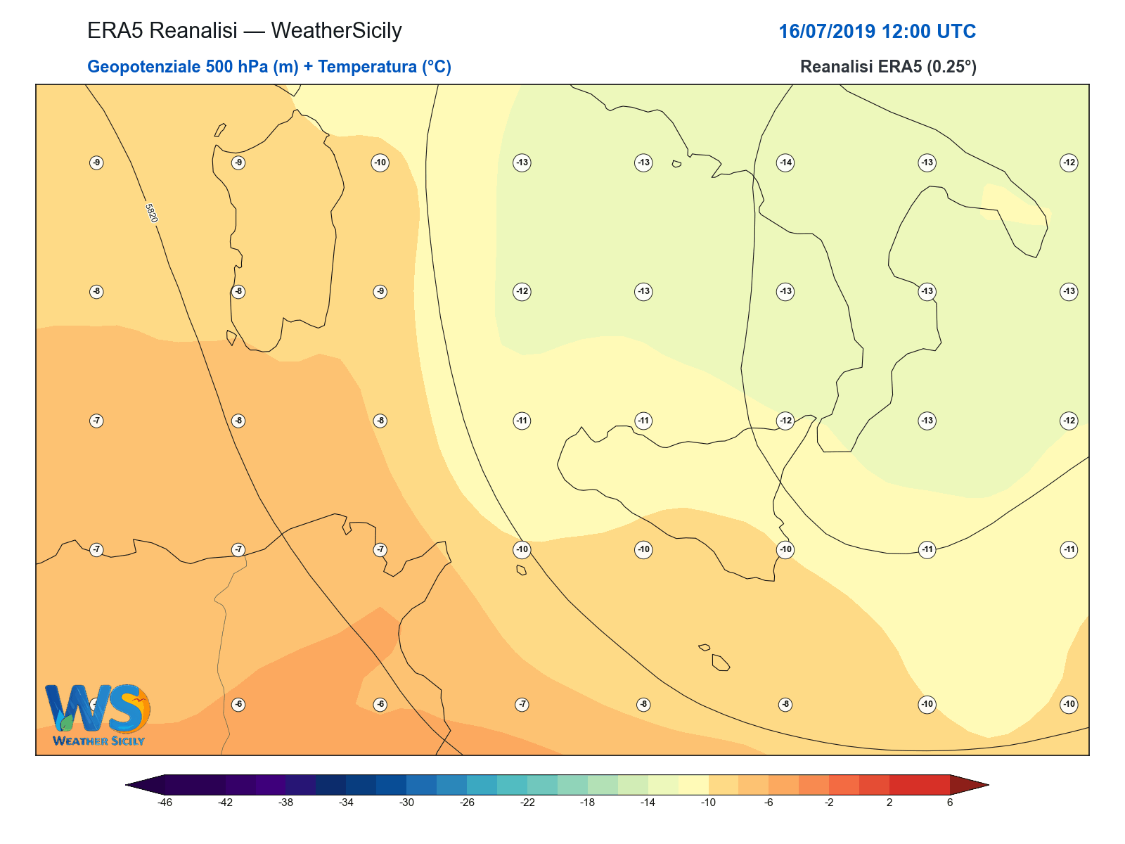 Geopotenziale 500 hPa + Temperatura · 2019071612