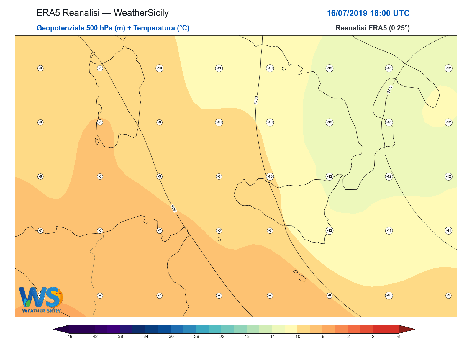 Geopotenziale 500 hPa + Temperatura · 2019071618