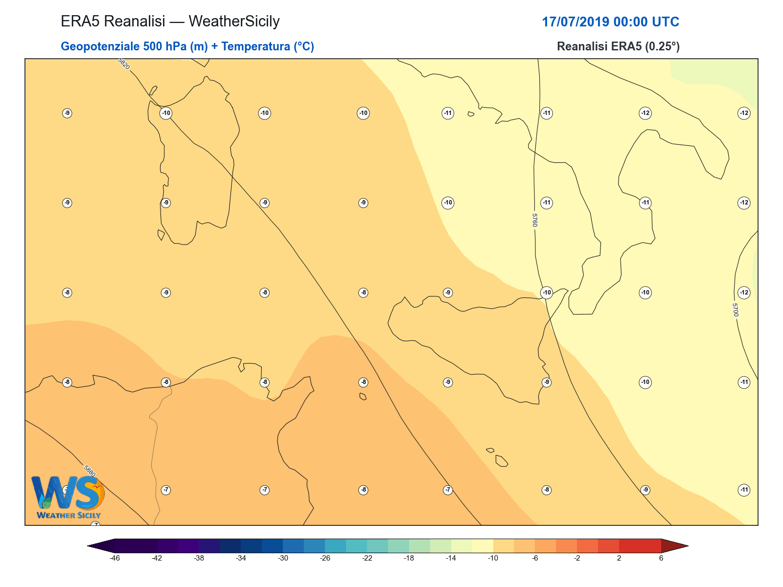 Geopotenziale 500 hPa + Temperatura · 2019071700