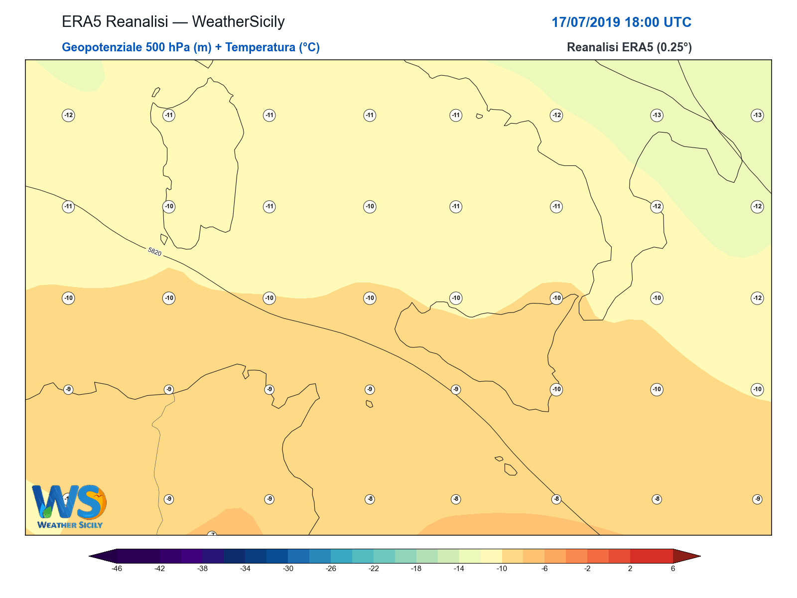 Geopotenziale 500 hPa + Temperatura · 2019071718