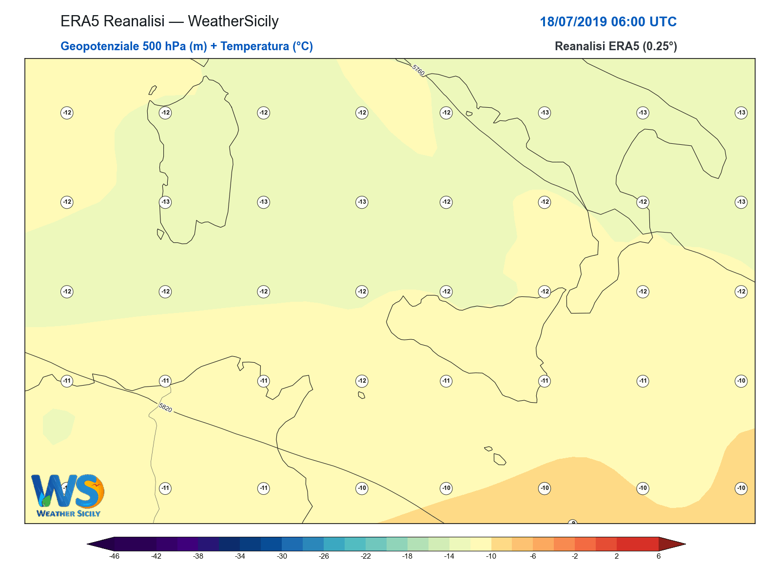 Geopotenziale 500 hPa + Temperatura · 2019071806