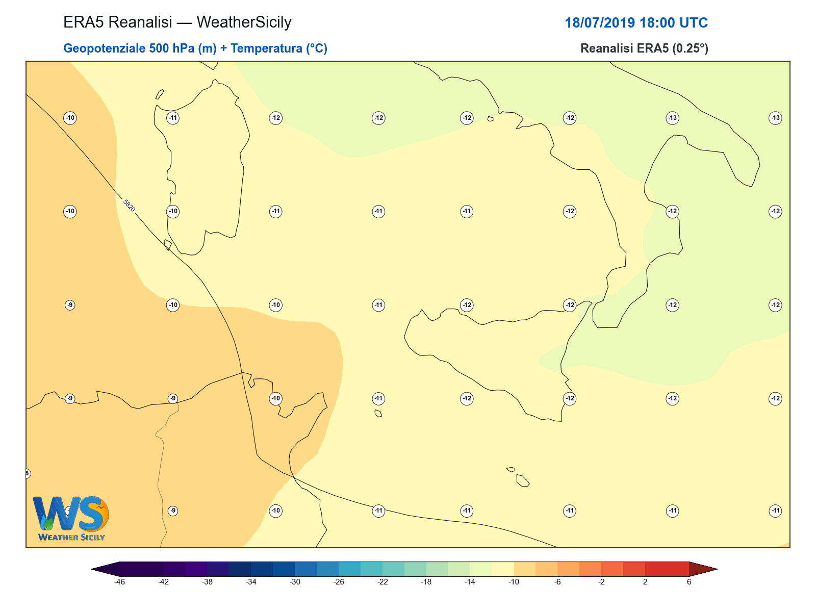 Geopotenziale 500 hPa + Temperatura · 2019071818