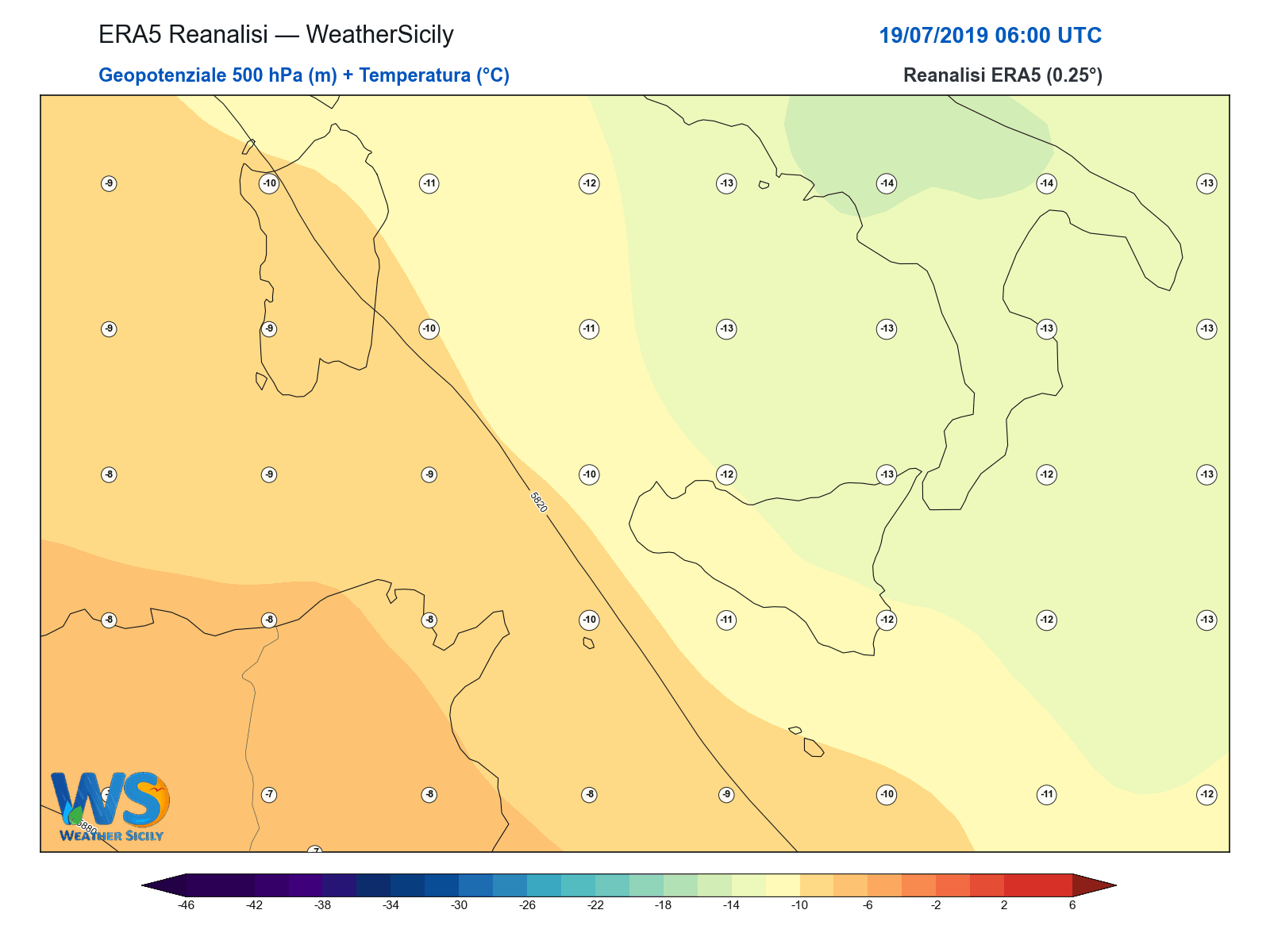 Geopotenziale 500 hPa + Temperatura · 2019071906