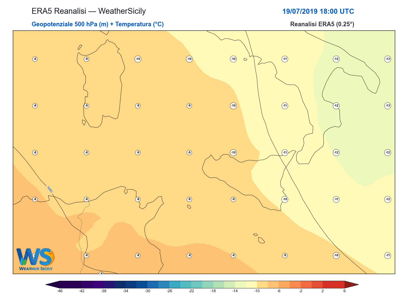 Geopotenziale 500 hPa + Temperatura · 2019071918