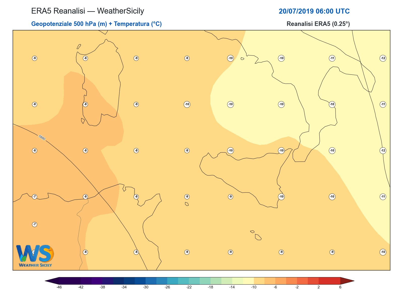 Geopotenziale 500 hPa + Temperatura · 2019072006