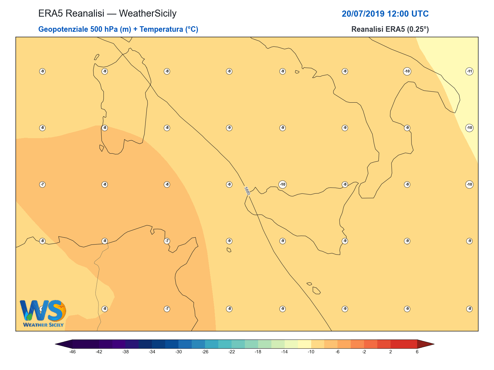 Geopotenziale 500 hPa + Temperatura · 2019072012