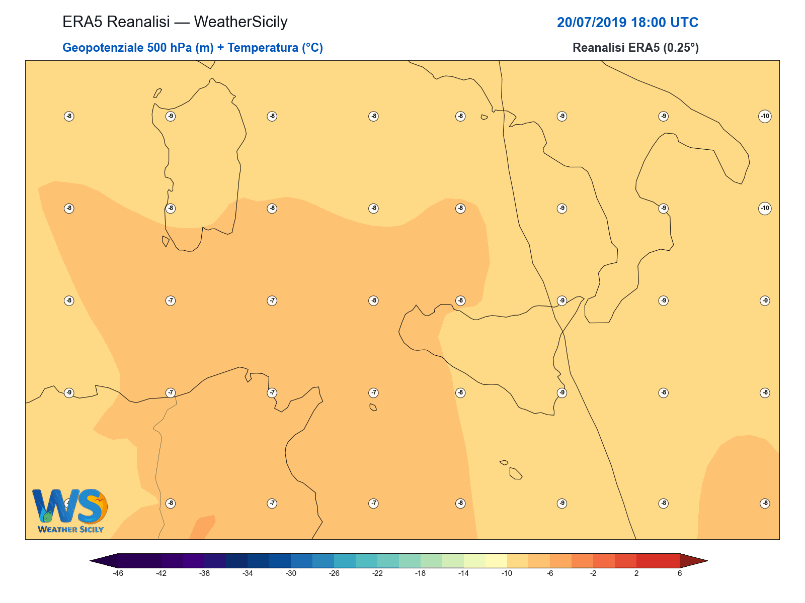 Geopotenziale 500 hPa + Temperatura · 2019072018