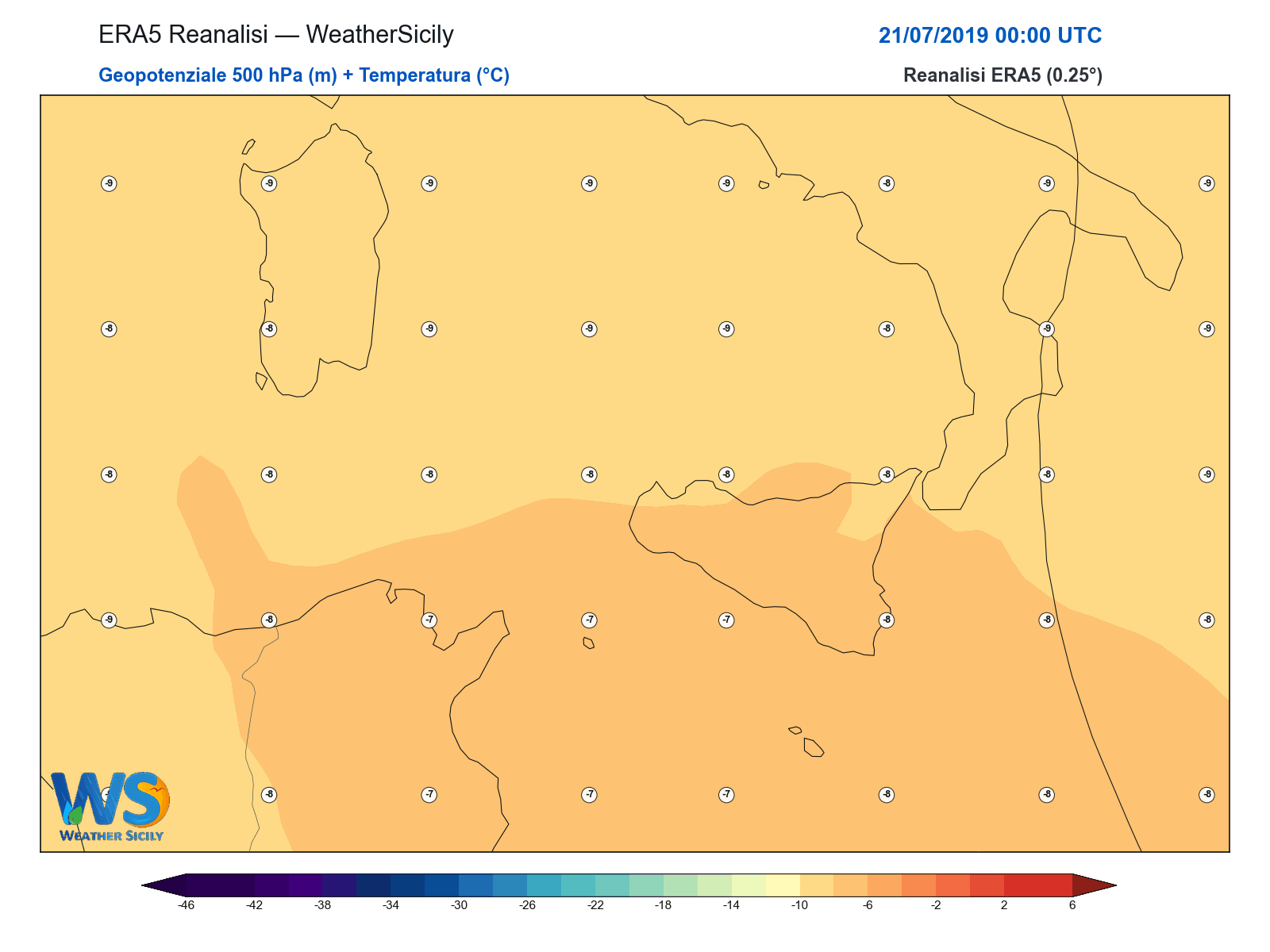 Geopotenziale 500 hPa + Temperatura · 2019072100